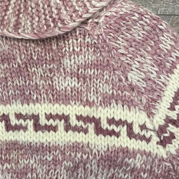 Vintage Cowichan Burgundy Cream Cowl Neck 1/4 Zip Handmade Sweater Kangaroo Pckt - Picture 12 of 12